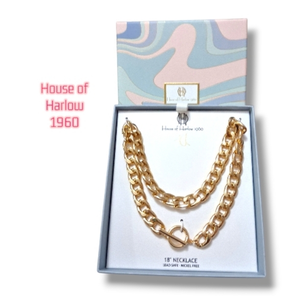 NWT House of Harlow 1960 Gold Tone Chunky Cuban Link Necklace - Picture 3 of 5